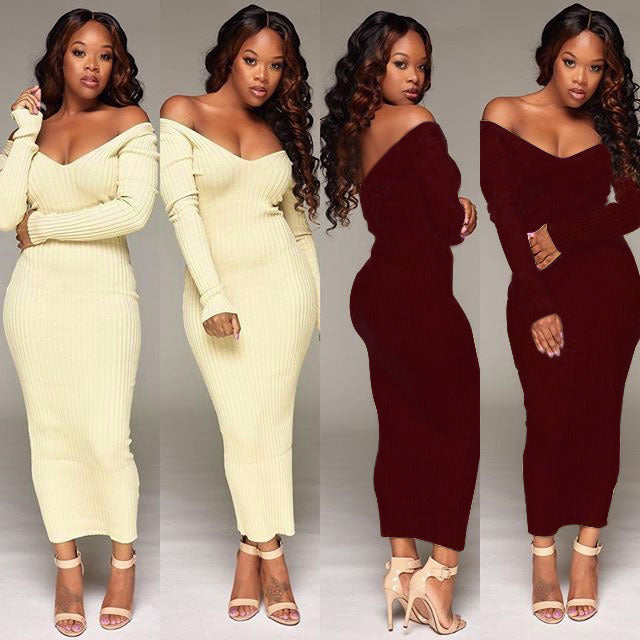 Nightclub Sexy One-neck Solid Color Autumn And Winter Long-sleeved Pit Strip Dress