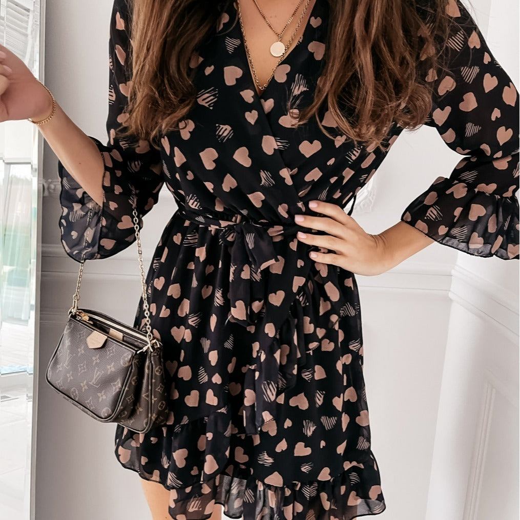 Ladies Solid Color Long Sleeve Printed Love Dress