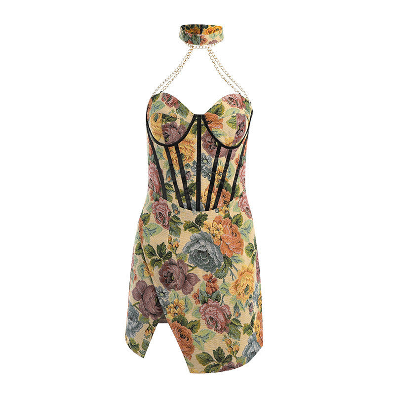 Women's Slit Belted Chain Halter Print Dress
