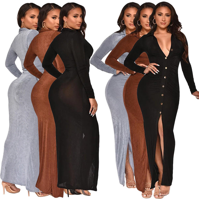 Fashion Solid Color Korean Velvet Slim Sexy Bag Hip Cardigan Dress Long Skirt
