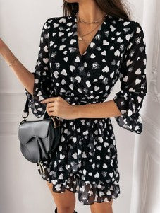 Ladies Solid Color Long Sleeve Printed Love Dress