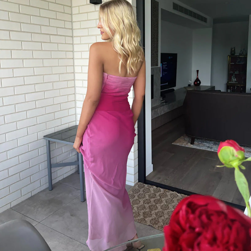 Slim-fit Gradient Pleated Backless Tube Top Dress