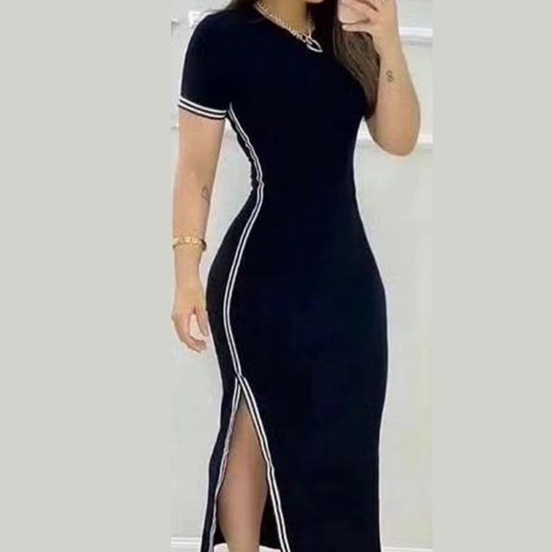 Women's Short Sleeve And Long Pattern Split Dress