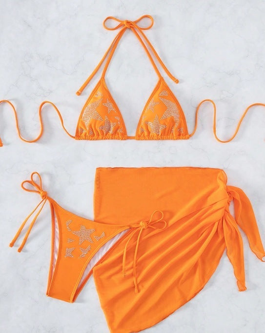Bikini Swimsuit New Sexy Rhinestone Gauze Skirt Three-piece Suit Split