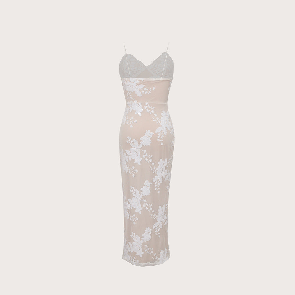 Sequin Embroider Cross Slit Backless Sling Slim Fit Long Dress