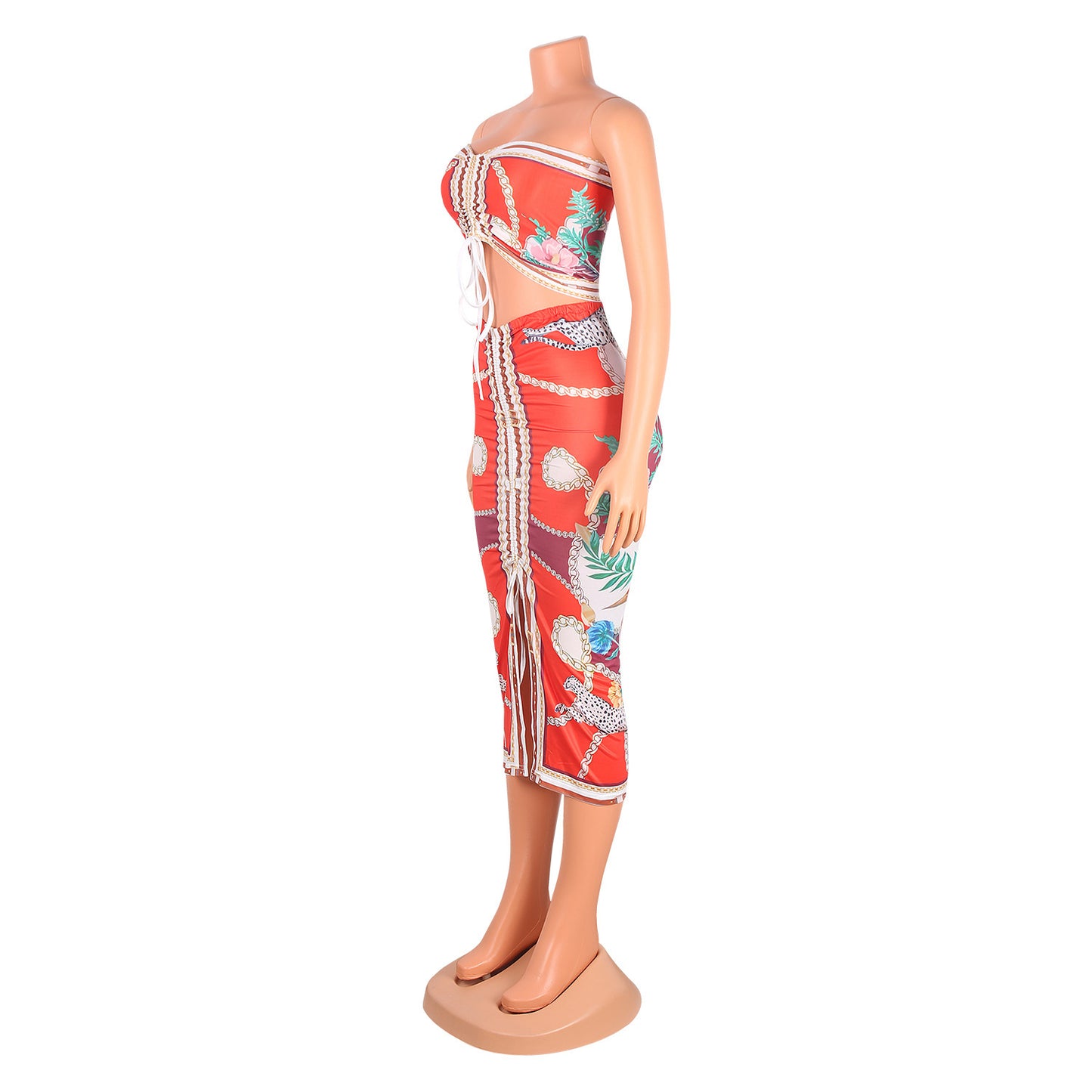 Fashion Sexy Print Pleated Slit Chest Wrap Suit