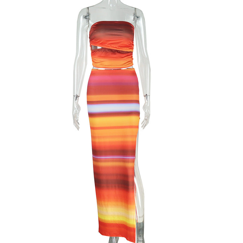 Gradient Printing Sleeveless Sexy Bandeau Slim-fit Hip Skirt Suit