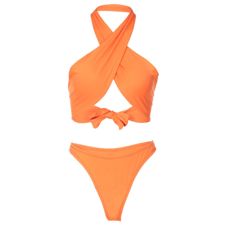 Cross Halter Solid Color Swimsuit Bikini Set