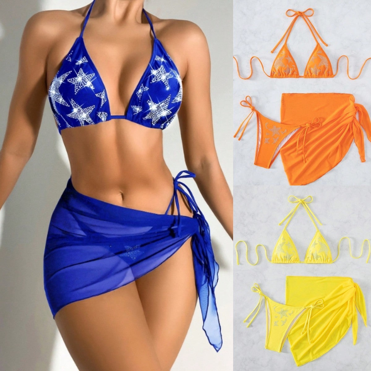 Bikini Swimsuit New Sexy Rhinestone Gauze Skirt Three-piece Suit Split