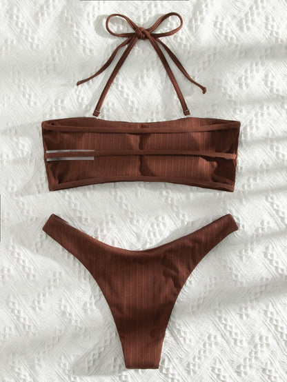 Sexy Lady In Swimsuit Solid Color Bikini Lace-up