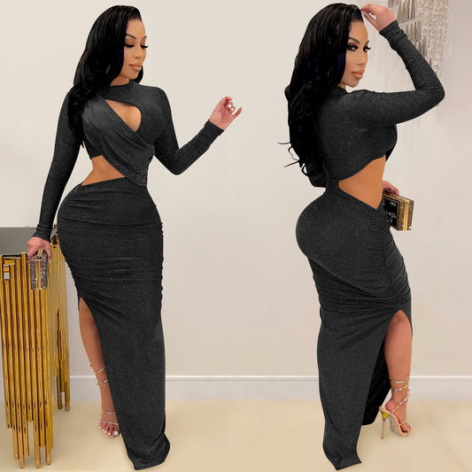 Ladies Long Sleeve Hollow Split Dress