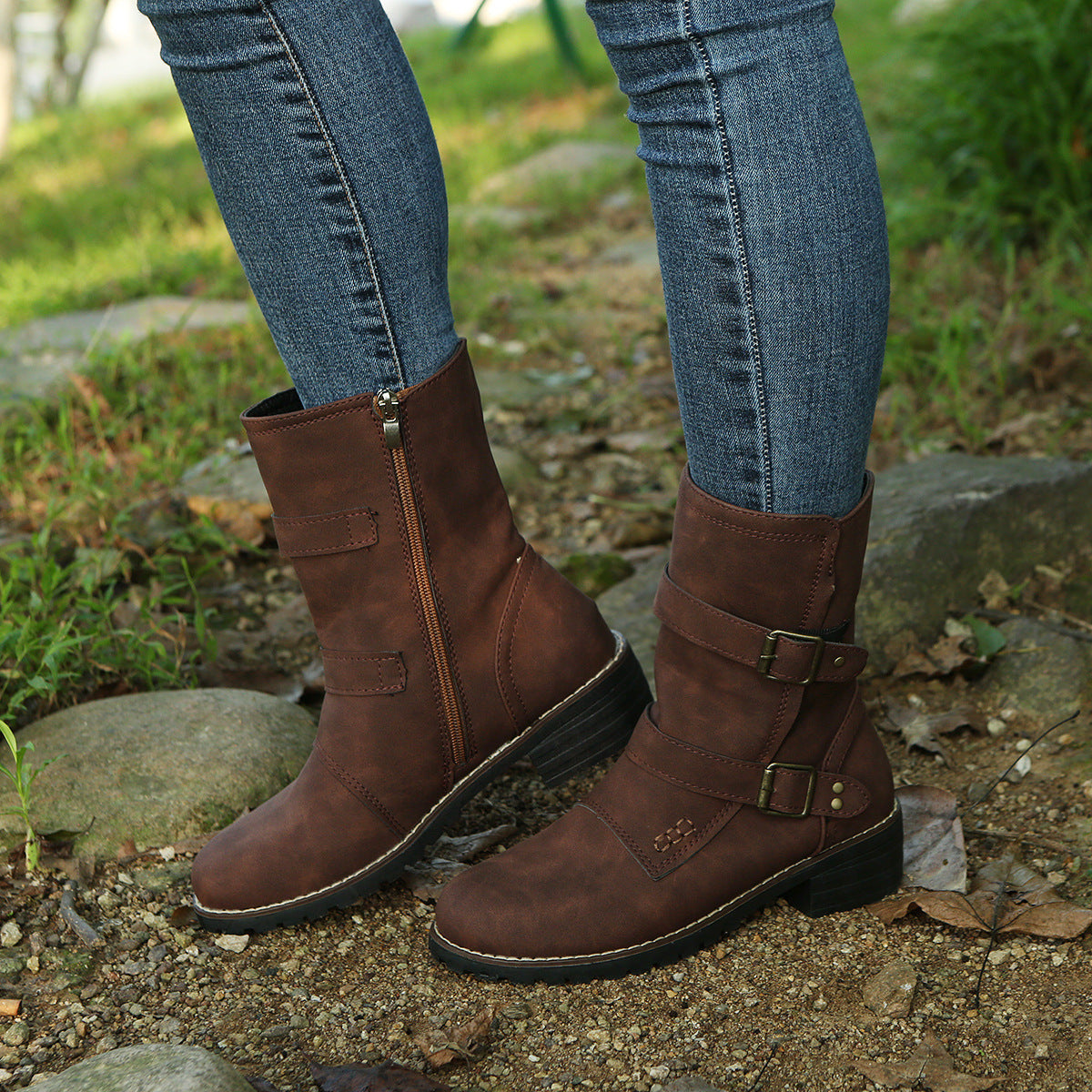 Casual Round Toe Belt Buckle Women Boots