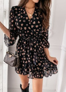 Ladies Solid Color Long Sleeve Printed Love Dress