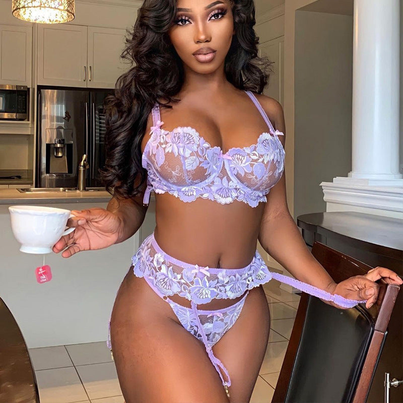 Lace Printed Hollow Garter Three Piece Sexy Suit