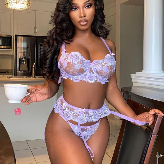 Lace Printed Hollow Garter Three Piece Sexy Suit