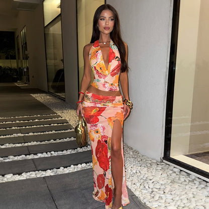 Sexy Hot Flower Print V-neck Halter Split Dress Suit