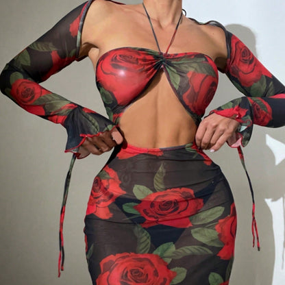 Sexy Backless Print Lace-up Blouse
