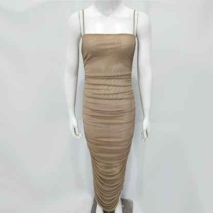 Sexy split mesh dress with suspenders Evening dress