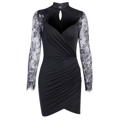 Sexy Lace Stitching V-neck Slim Slimming Hip Dress
