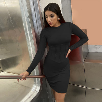 Long Sleeve Slim Pleated Dress Women