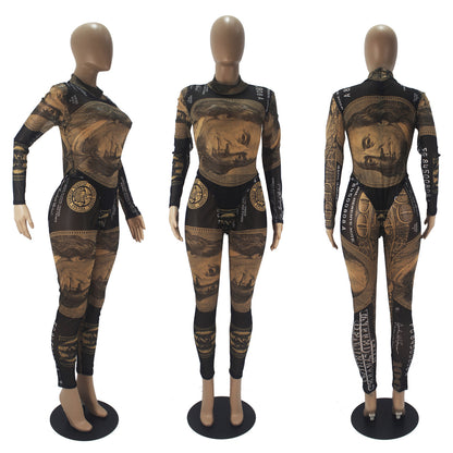 Sexy Dollar Positioning Print Jumpsuit And Trousers Two Piece Suit