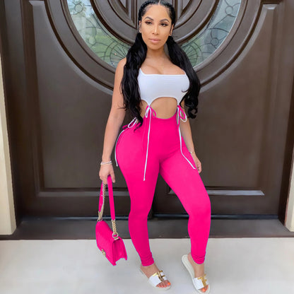 Hollow Out Patchwork Jumpsuit Rompers Trousers New Sexy Women Sleeveless