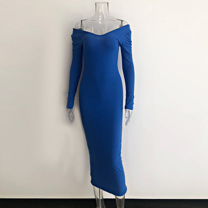 One-Piece Off-Shoulder Long-Sleeved Blue Dress