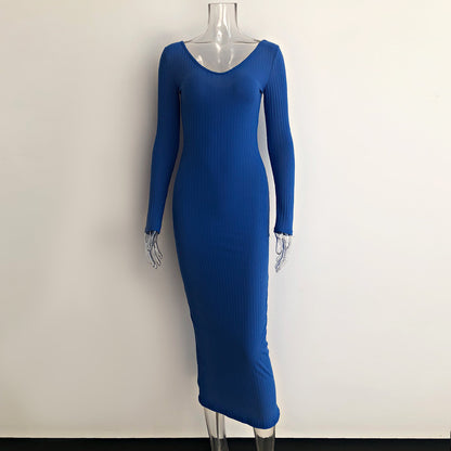 One-Piece Off-Shoulder Long-Sleeved Blue Dress