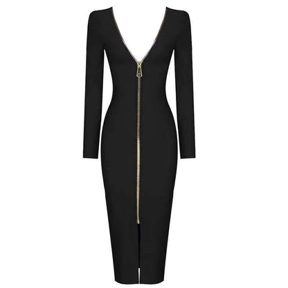 Slim Deep V Sexy Metal Zipper Front And Back Bandage Dress Dress