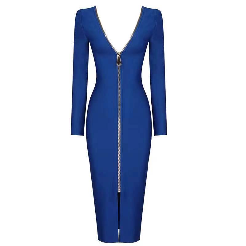 Slim Deep V Sexy Metal Zipper Front And Back Bandage Dress Dress