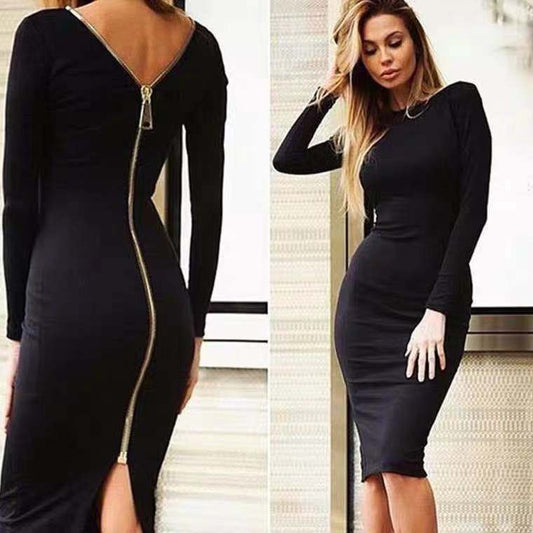 Slim Deep V Sexy Metal Zipper Front And Back Bandage Dress Dress