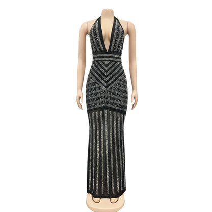 European And American Sexy Deep V Backless Nightclub Evening Dress Hot Diamond Perspective Long Skirt