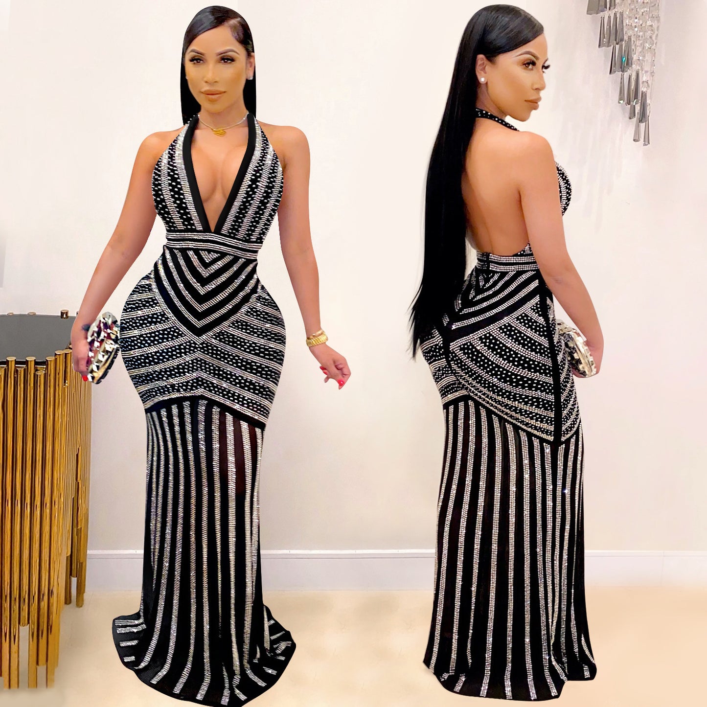 European And American Sexy Deep V Backless Nightclub Evening Dress Hot Diamond Perspective Long Skirt