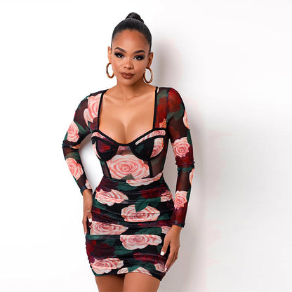Sexy Net Yarn Rose Flower Long-sleeved Dress Women