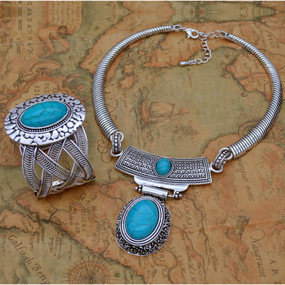 European And American Retro Turquoise Jewelry Ethnic Style Necklace Earrings Ring Bracelet Set