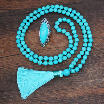 European And American Retro Turquoise Jewelry Ethnic Style Necklace Earrings Ring Bracelet Set