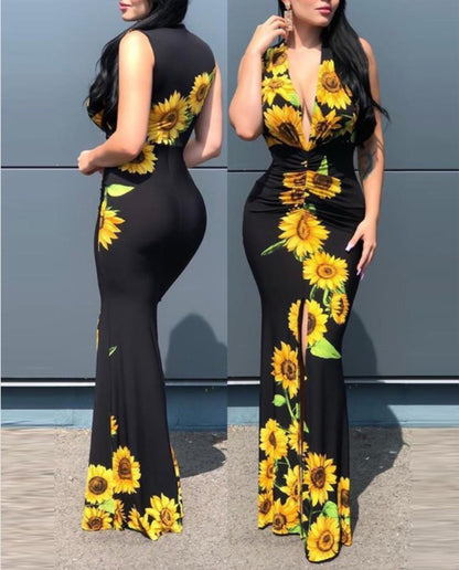 European And American Women'S Fashion Sleeveless Sexy V-Neck Printing Dress