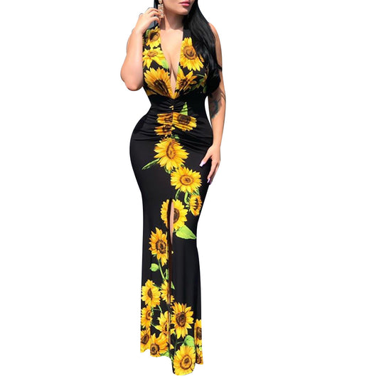 European And American Women'S Fashion Sleeveless Sexy V-Neck Printing Dress