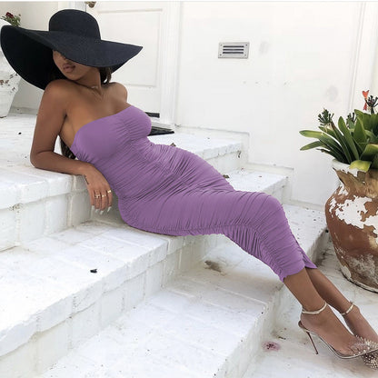 Fashion Solid Color Long Tube Top Pleated Dress