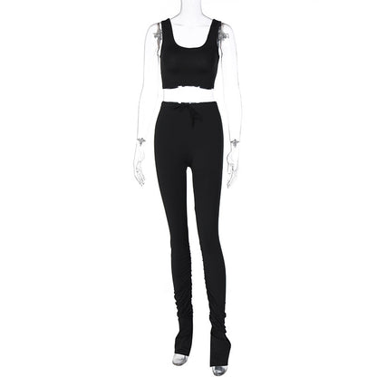 Womens Two Piece Matching Set Cropped Top With Stacked Pants