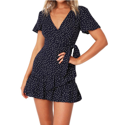 Women's Short-sleeved Printed Lace-up Dress