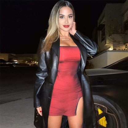 Slim-fit And Split-hip Dress With Sling Neckline