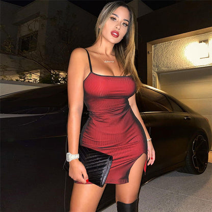 Slim-fit And Split-hip Dress With Sling Neckline