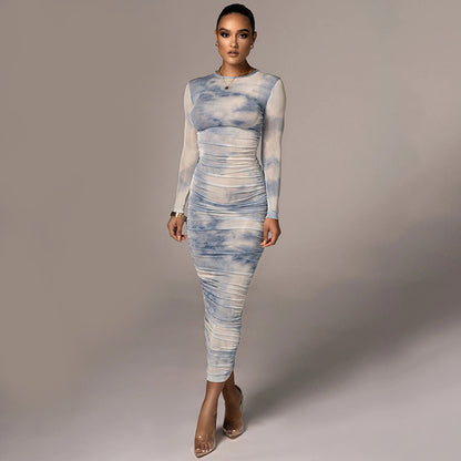 Long Sleeve Round Neck Slim Fit Temperament Versatile Printing And Dyeing Long Dress