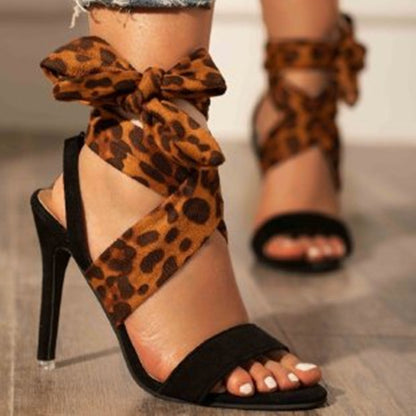 High Heel Leopard Print Ankle Strap Sandals