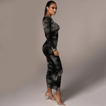 Long Sleeve Round Neck Slim Fit Temperament Versatile Printing And Dyeing Long Dress