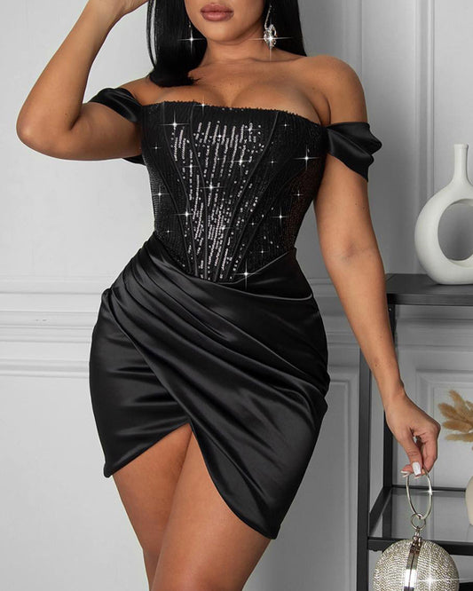 European And American Black Sequin Stitching Party Skirt