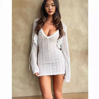 Cross Border Long-sleeved Sun-proof Cardigan Sexy V-neck Split Dress Party Elegant