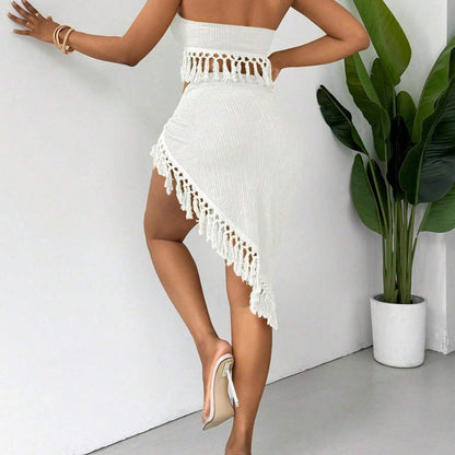 Halter Bikini With Skirt Sexy Tassel Swimsuit