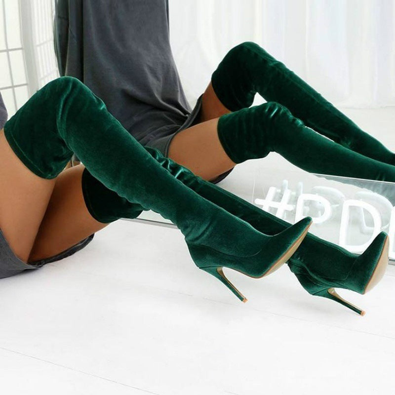 Pointed Elastic Heel Frosted High Boots Women